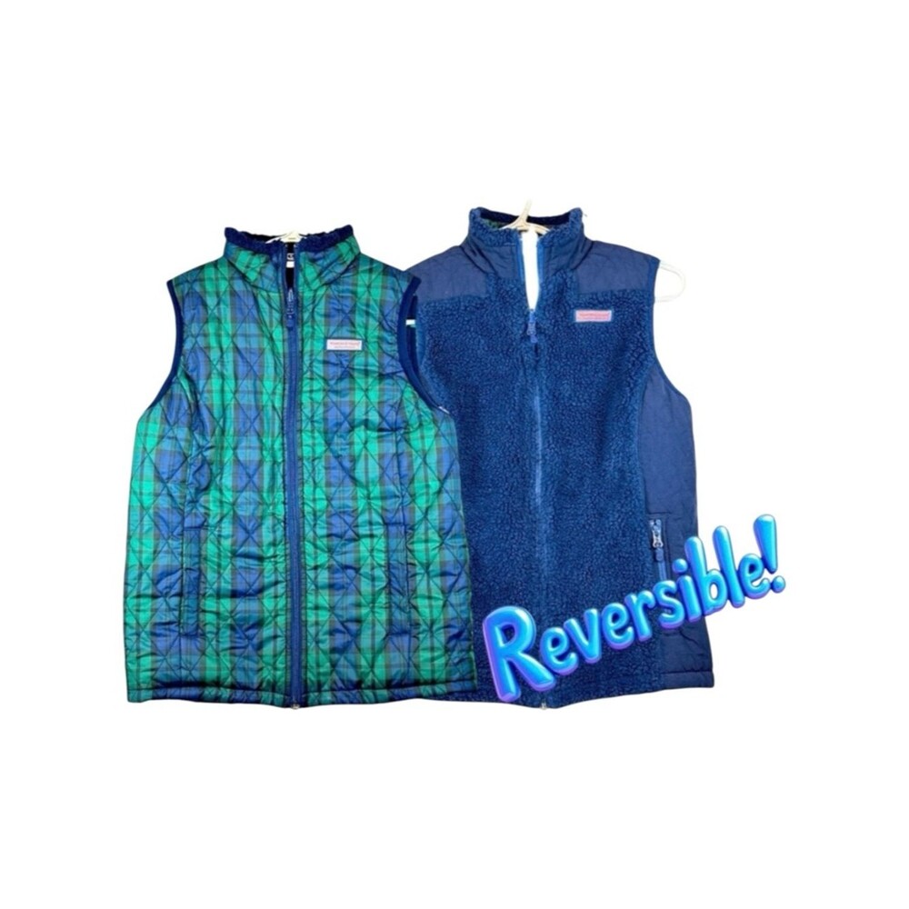 Vineyard Vines Reversible Quilted Sherpa Vest Blue Plaid Size S Cabincore Cozy